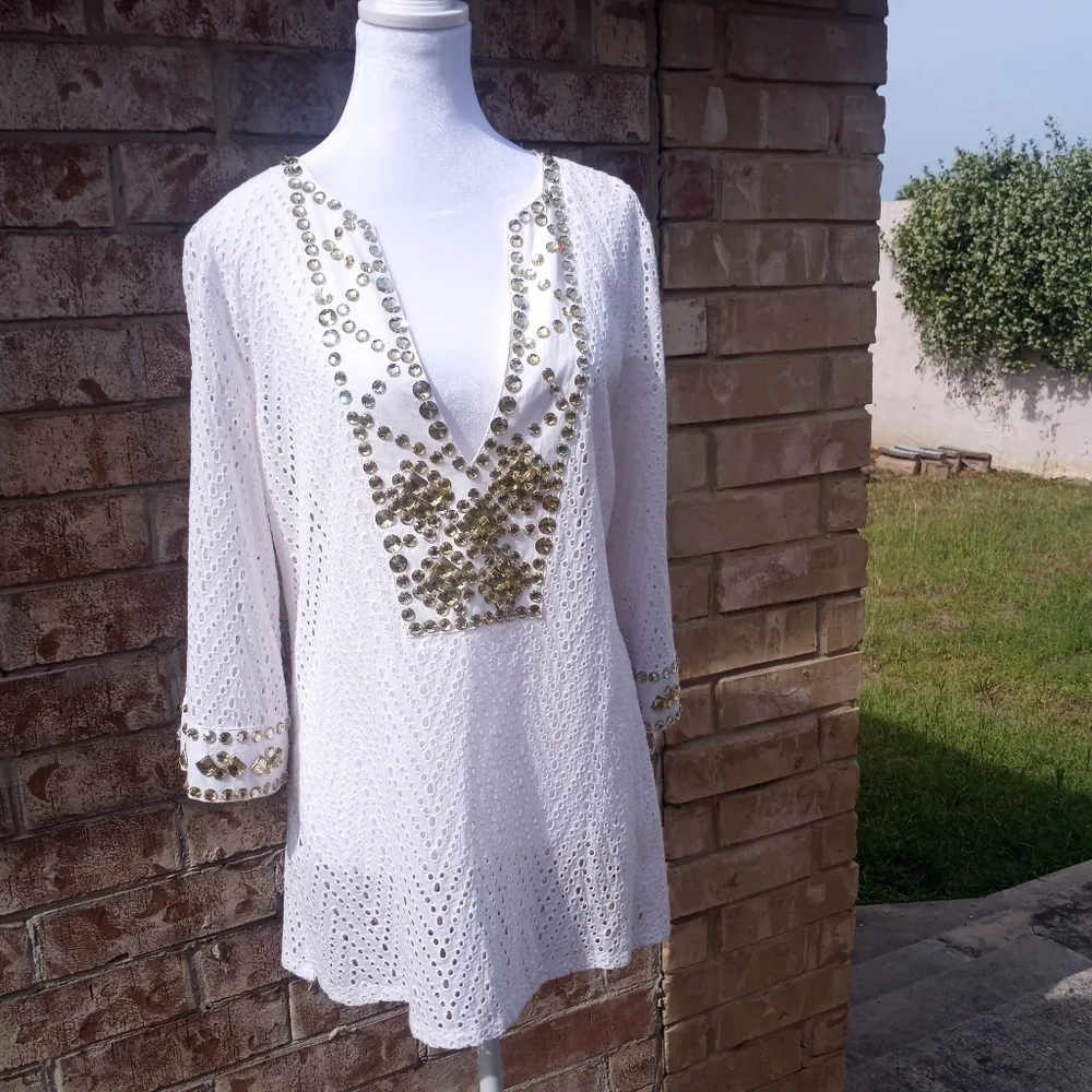 Juliette Eyelet Bejeweled Rhinestone Tunic Top Swim Coverup Women Size Medium